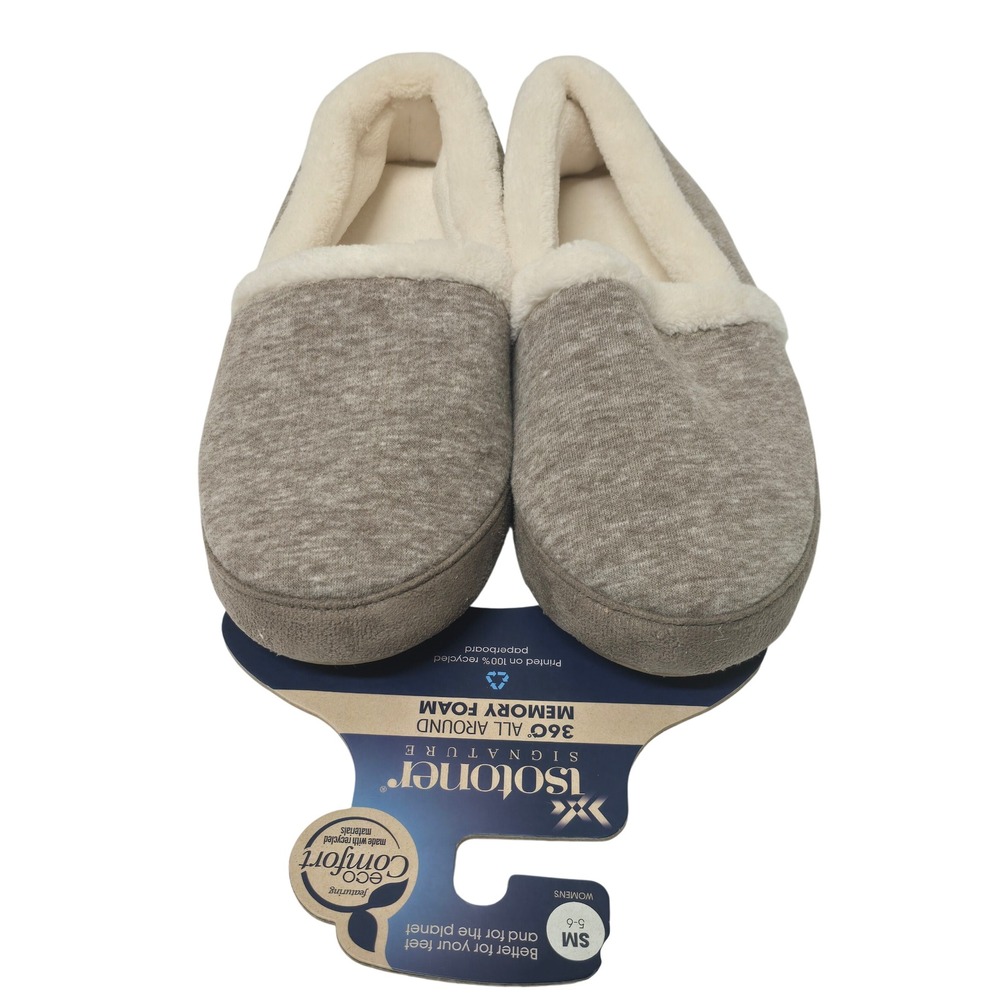Isotoner Signature Women 360 Memory Foam Slippers Grey Fleece Lined 5-6 S NWT